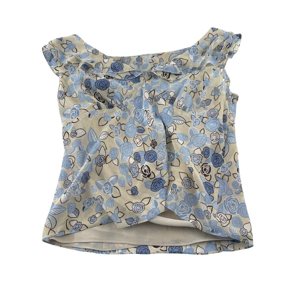 Ann Taylor Loft Size 12 Floral‎ Sleeveless Blouse Beige & Blue Women's Y2k